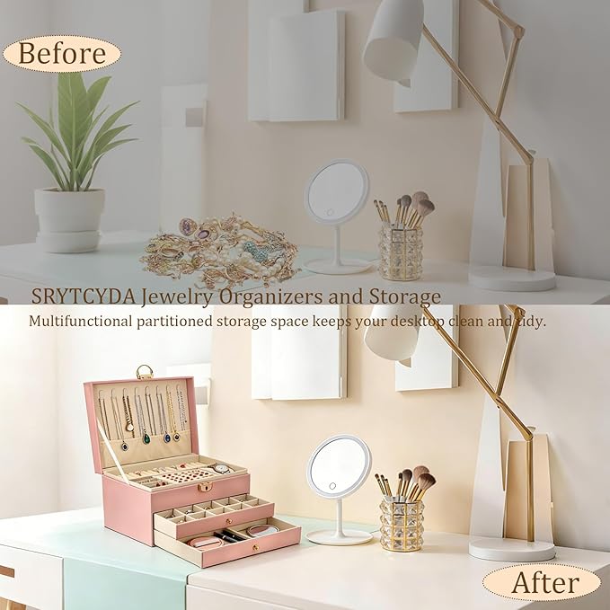 SRTCYDA Jewelry Box for Women, Large PU Leather jewelry organizers and storage, 3-Layer Jewelry Storage with 2 Drawers, Space-Saving Design for Vanity, Holds All Types of Jewelry (Pink)