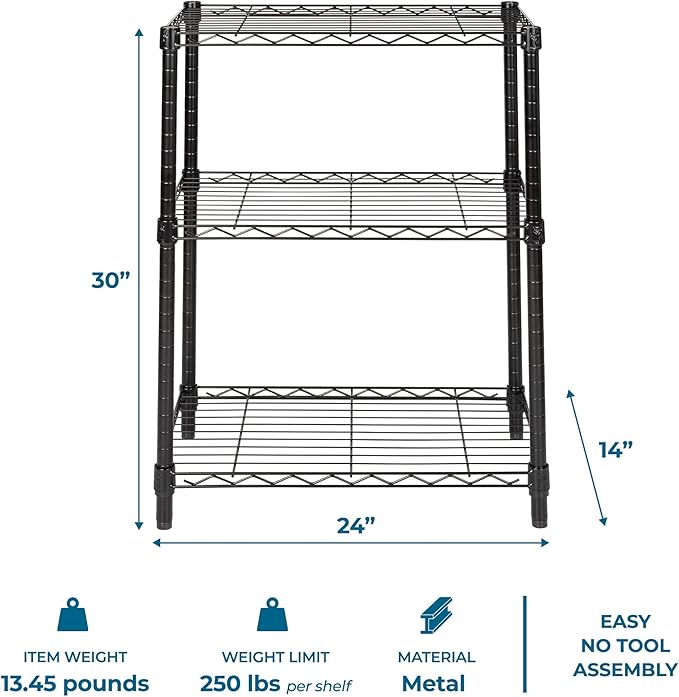 Honey-Can-Do 3-Tier Heavy Duty Adjustable Shelving Unit, 250-lb Per Shelf Metal Storage Rack, NSF Certified Wire Shelf for Kitchen Garage Pantry, Black, 24 x 14 x 30 in