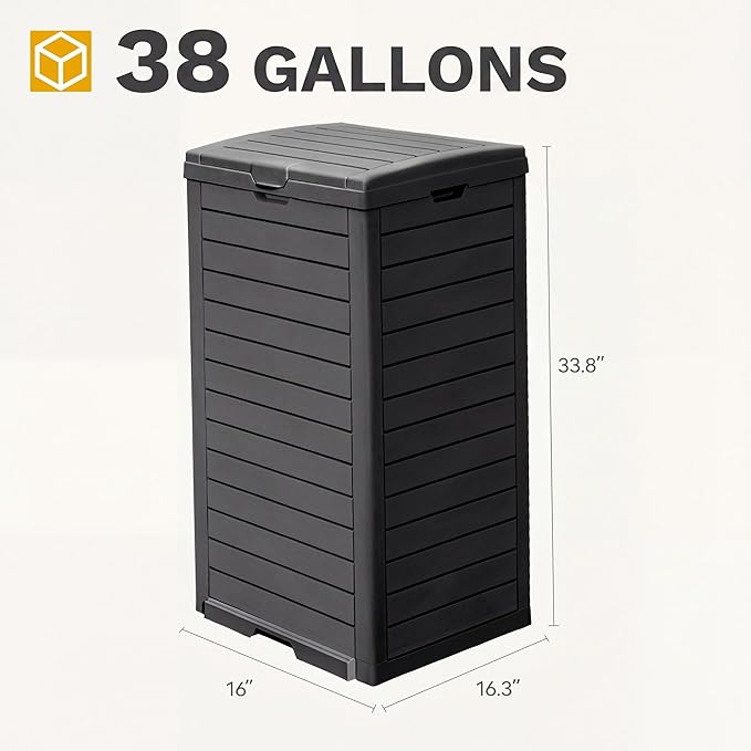 DWVO 38 Gallon Large Outdoor Trash Can, 2-Pack Waterproof Resin Hideaway Garbage Bin with Lid and Drip Tray, Outside Trash Bin for Porch, Backyard, Deck, Patio, Poolside, Easy to Clean, Black