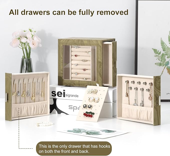 DesignSter Jewelry Box Organizer, Jewelry Box for Women, PU Jewelry Organizer Display Case with Side Drawers, Jewelry Storage for Earring Necklace Ring Bracelet Watch