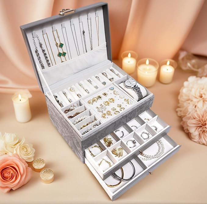 TOFUNTOY Jewelry Organizer Box, Large Jewelry Boxes for Women, 3-Layer Jewelry Holder Organizer for Necklace Earrings Rings Bracelets Storage, Gift for Her Mom