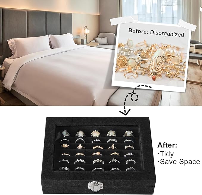 Velvet Ring Organizer Box, 7 Slots Jewelry Holder with Glass Lid Earring Display Tray Storage Case Gift for Women and Girls (Black)