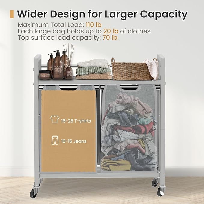 SwaaVee Laundry Hamper, Laundry Basket, Laundry Sorter with 3 Removable Bags, Clothes Basket with 3 Compartments, Wheels, Shelf for Laundry Room Bathroom Bedroom (2 Bags-Gray)