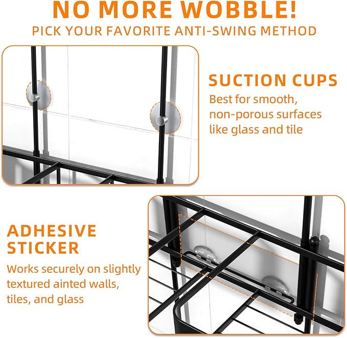 Epicano Hanging Shower Caddy for Handheld Showerheads, Anti-Swing Overhead ShowerCaddy with Removable Hooks & Holders for Razor, Sponge, Soap & Toothbrush, Stainless Steel, Black