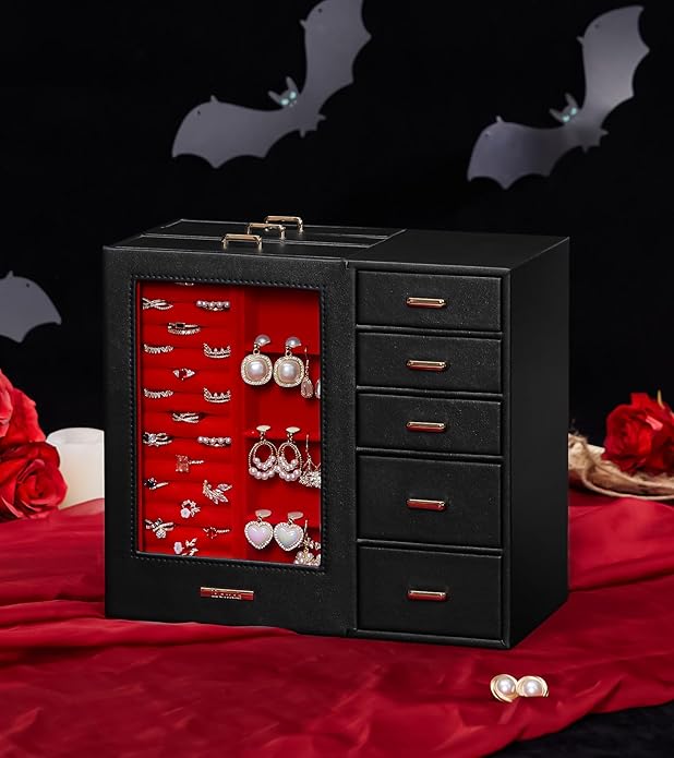 Homde Large Jewelry Box/Organizer/Case with Glass Window, Drawers for Necklaces Earrings Rings Bracelets Watches Gift for Women Girls