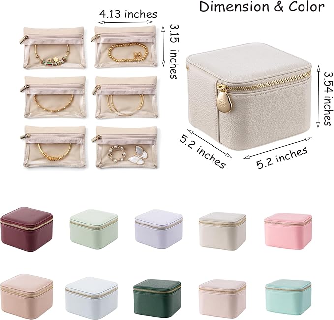 VLANDO Travel Jewelry Box Organizer – Portable PU Leather Jewelry Case with 6/8/12 Zippered Pouches, Compact Storage for Earrings Rings Necklaces Bracelets, Aqua Blue