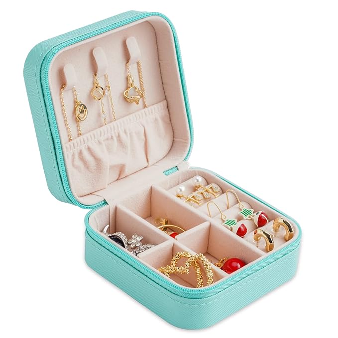 Neveika Portable Travel Mini Jewelry Box Leather Jewellery Ring Organizer Case Storage Gift Box Girls Women (blue).