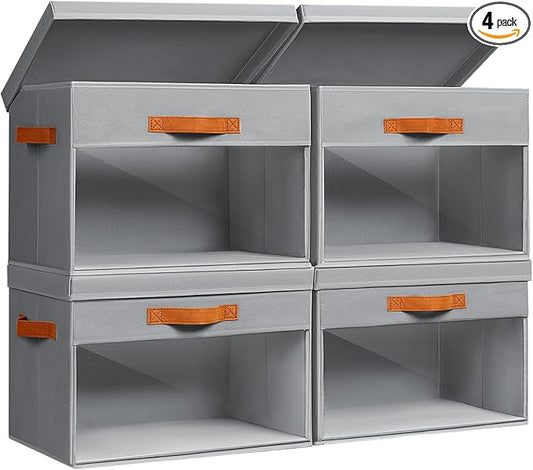 Homsorout Large Storage Bins with Lids - 4 Pack Foldable Decorative Organizers with Clear Windows & Handles, Cube Storage Organizers for Clothes, Blankets, Sweaters, Sheets, Grey