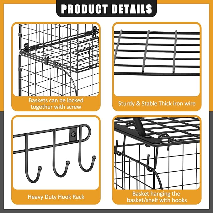 ThreeHio 2 Pack Garage Shelves Wall Mounted with Wire baskets, Heavy Duty Garage Wall Shelving with Hooks, Wire Shelf Baskets Tool Organizer for Home Garden Garage Organization and Storage