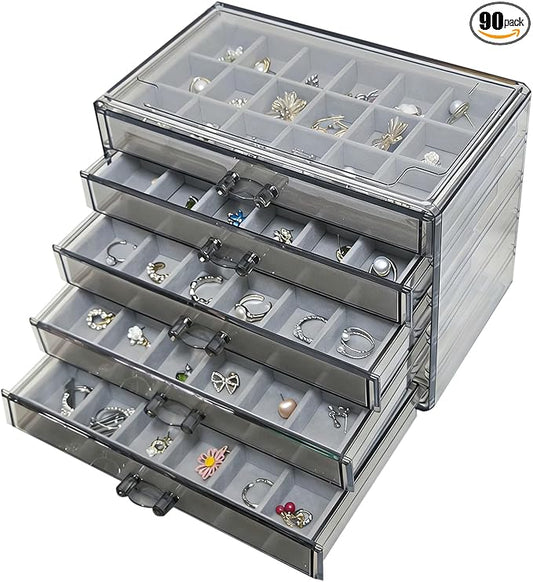 Acrylic Earring Holder Organizer with 5 Drawers Clear Earring Organizer Box with 90 Adjustable Grids Velvet Earring Display Case Jewelry Organizer for Earrings Rings Studs (Brown Gray)