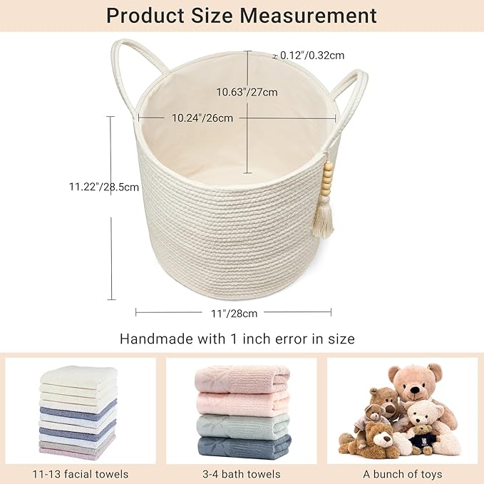 Mkono Woven Storage Basket with Handles Decorative Cotton Rope Basket Wooden Bead Decoration for Blankets,Toys,Clothes,Living Room Home Decor, 11", White