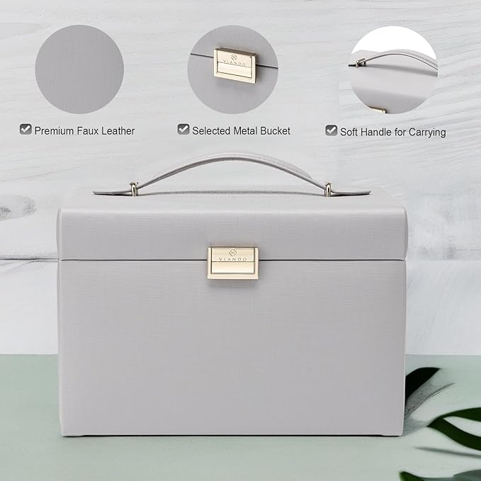 Vlando Mirrored Jewelry Box Organizer, Leather Jewelry Storage Case, Necklaces Earrings Rings Brackets Box Holder, Light Gray