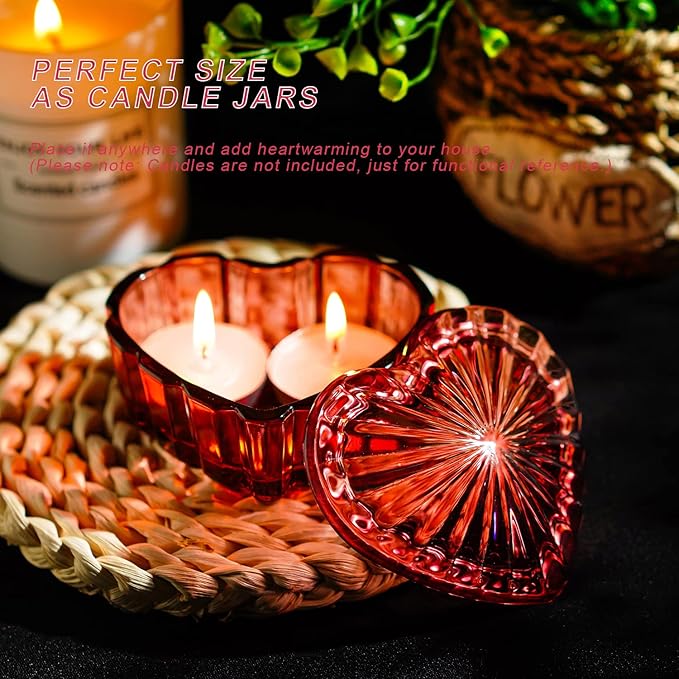 kanpura Crystal Glass Heart-Shaped Jewelry Box,Candy Box with Lid,Women's Covered Earrings Necklace Chest Trinket Storage Box, Glass Jar Christmas Gifts for Women and Girls(Burgundy)