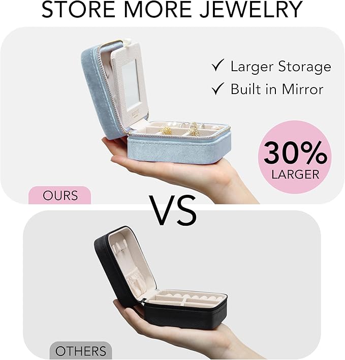 BLUTETE Travel Jewelry Box Organizer Velvet Travel Case With Mirror Ring Earrings Necklaces Storage Organizer Box (Sky Blue)
