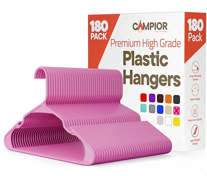 Pink Plastic Hangers 180 Pack– Heavy-Duty Plastic Hangers Slim and Space-Saving, Durable and Lightweight PP with Non-Slip Shoulder Notches for Slip Dresses, Suits, Jackets & Camisoles