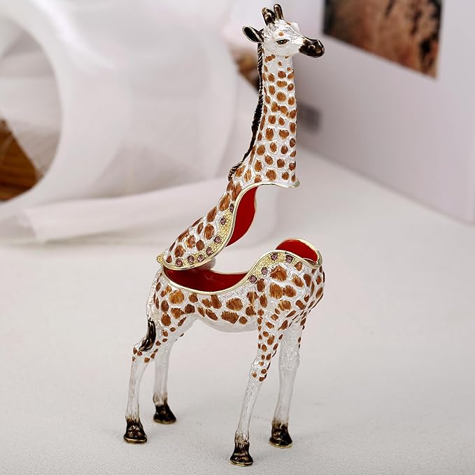 Hand Painted Animal Trinket Box for Home Decor, Hinged Jewelry Organizer Storage, Unique Personalized Collectible Keepsake Figurine Handmade Decorative Ornament Gifts (Giraffe)