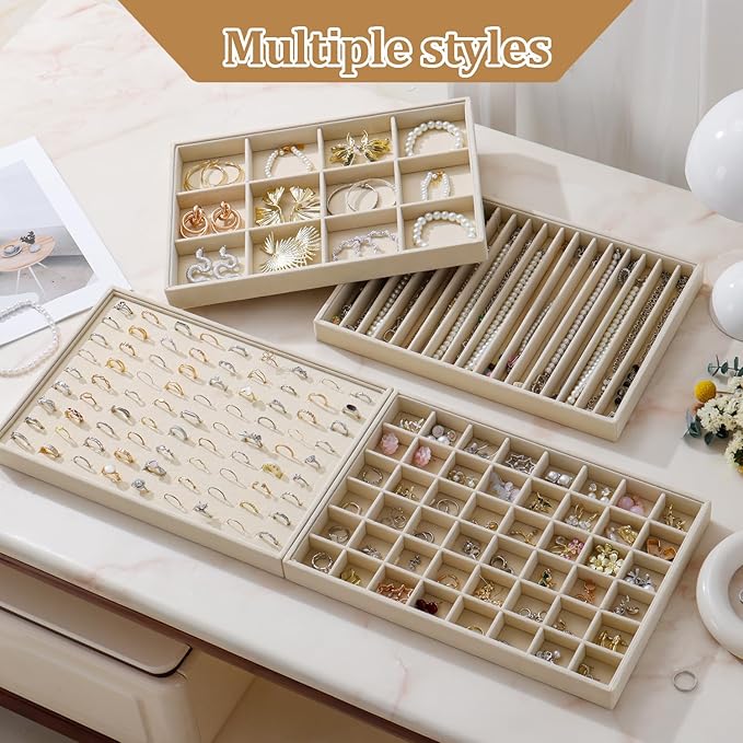 Large Velvet Jewelry Tray 2 Pack Stackable Jewelry Display Drawer Inserts Trays Organizer for Earring Bracelet Necklace Ring (Beige, 48 Grids)