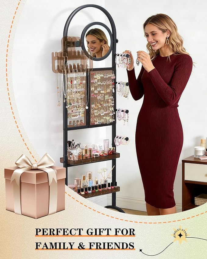 Mirror Jewelry Cabinet Standing, Jewelry Organizer and Storage with Jewelry Mirror, Jewelry Armoire with Earring Organizer Necklace Holder Bracelet Display, Large Tall Stand Up Jewelry Box Stand Tree