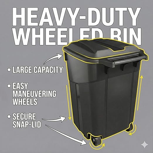 32 Gallon Outdoor Trash Can with Lid, Heavy-Duty Wheeled Garbage Bin for Backyard, Deck or Garage, Black, Can with Attached Snap Lock Lid and Heavy-Duty Handles (32 Gallon)