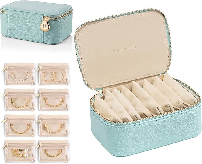 VLANDO Travel Jewelry Box Organizer – Portable PU Leather Jewelry Case with 6/8/12 Zippered Pouches, Compact Storage for Earrings Rings Necklaces Bracelets, Aqua Blue