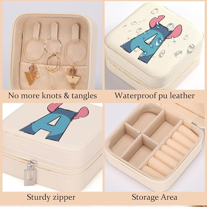 LONGXIN Cute Cartoon Gifts, Initial Travel Jewelry Case Small Jewelry Box Organizer, Personalized Gifts for Women Teen Girls, Birthday Christmas Gifts for Cartoon Lovers, Letter A