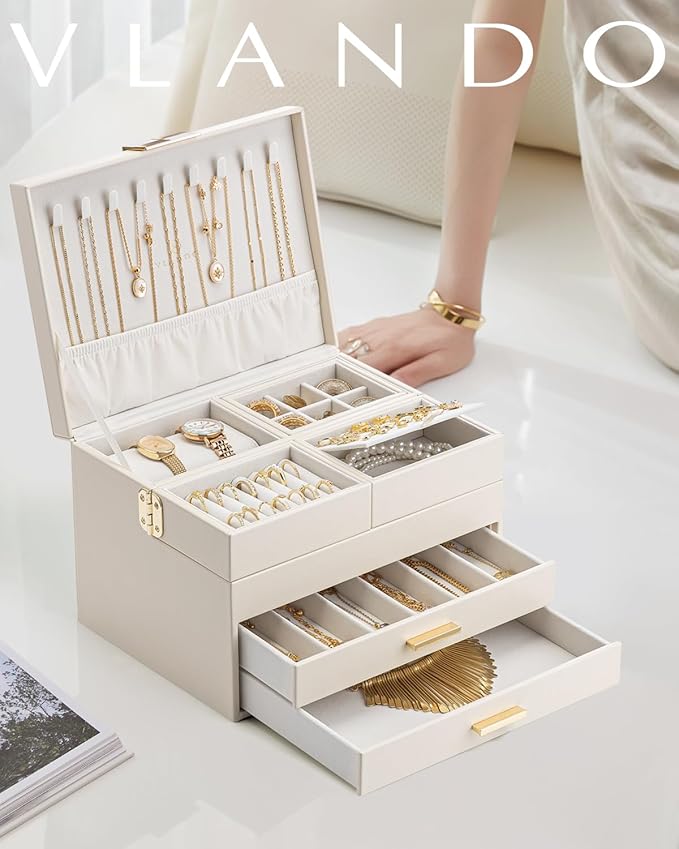 VLANDO 4 Layers Jewelry Box - Women Jewelry Box with Retractable Tray - Jewelry Organizer with Drawer for Necklaces, Rings, Bracelets, Earrings, Valentines Gift for Mom Girls - Cloud White