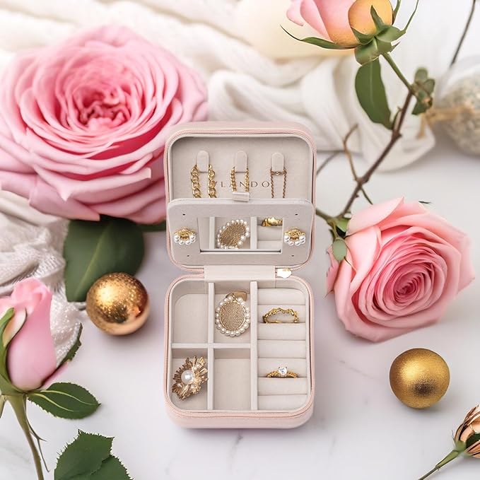 Vlando Small Travel Jewelry Box Organizer - Mirrored Jewelries Necklaces Rings Earrings Necklace Storage Case, Pink