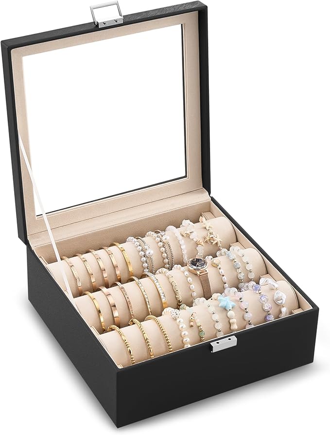 Lolalet Bracelet Display Holder with Rods for Bangles Watches, Clear Lid Jewelry Organizer Box Storage Case for Mothers Day Gifts -Black, 3 Rolls