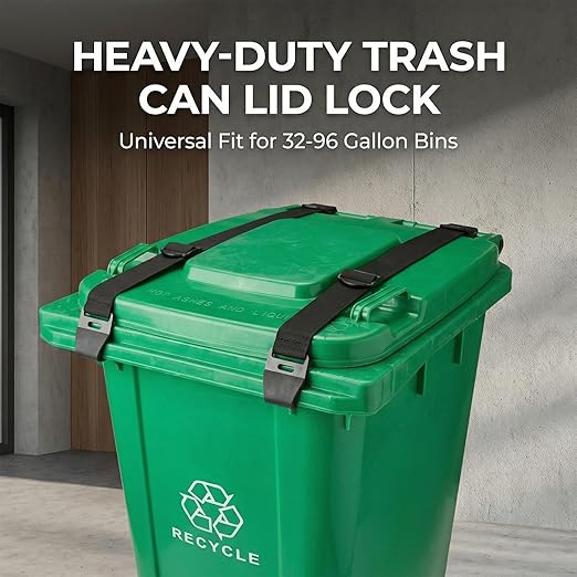 2PCS Bear Proof Trash Can Locks with Double Metal Claw - Adjustable Strap Garbage Can Locks for 28-96 Gallon Outdoor Bins, Animal Proof Against Raccoons - Black