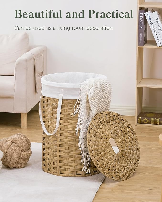 SETVSON Laundry Hamper with Lid Laundry Basket with Lid 19.0 Gal (72 L) Round Wicker Laundry Basket Handwoven Rattan Hamper Removable Bag 2 Mesh Bags Handles for Living Room Bathroom Natural
