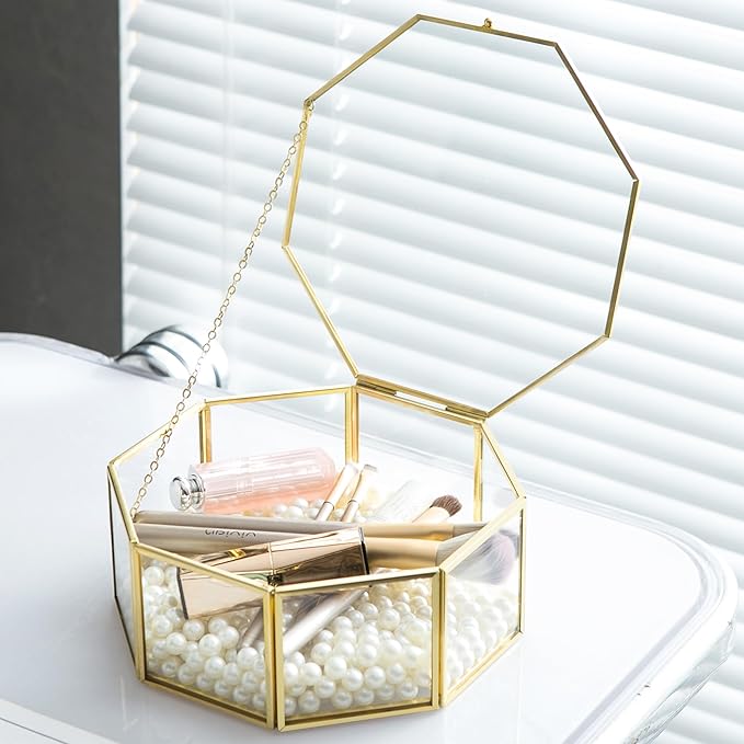Glass Vintage Jewelry Box, Geometric Jewelry Display Organizer Box Vanity Lidded Box Home Decor Accent Decorative Box for Storage Trinket Rings Bracelet