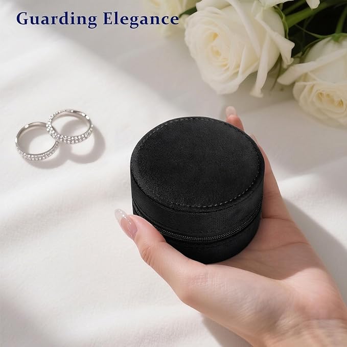 CONBOLA Travel Jewelry Case Small Jewelry Box for Women Girls,Round Velvet Mini Jewelry Travel Organizer,Portable Jewelry Box for Rings Earrings Necklaces Bracelets.(Black,Small)