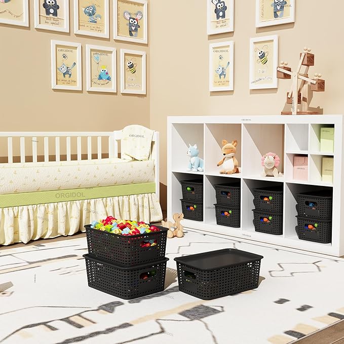 ORGIDOL Plastic Storage Basket with Lids 10 Pack Stackable Black Storage Bins Containers with Lid, Decorative Storage Boxes for Organizing Shelves, Drawers, Playroom, Classroom, Office, Closet