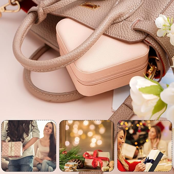 Neveika Portable Travel Mini Jewelry Box Leather Jewellery Ring Organizer Case Storage Gift Box Girls Women (pink).