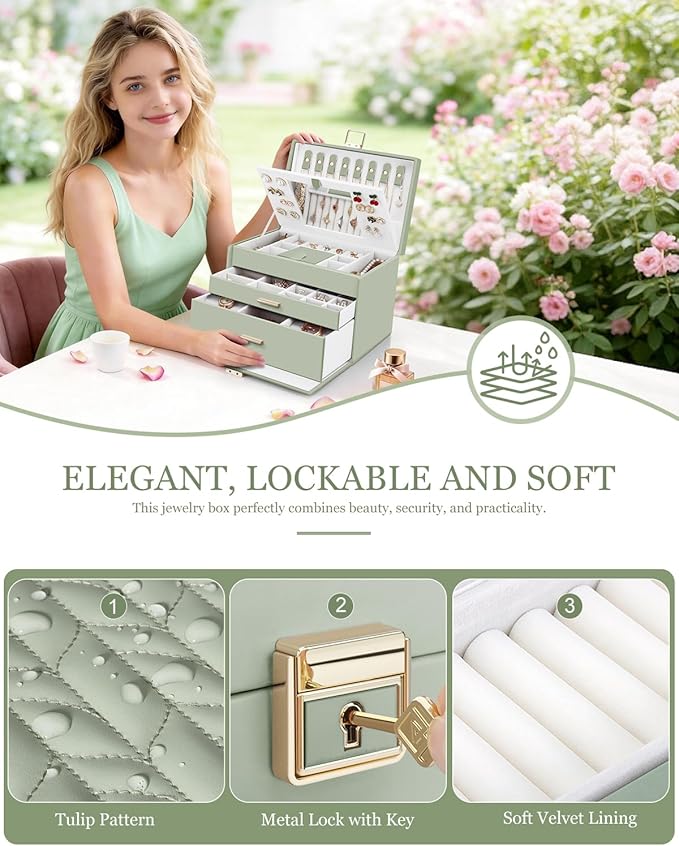 DesignSter Jewelry Box for Women Girl, 3-layer Lockable Jewelry Organizer with Mirror, Large Leather Jewelry Case for Earring Necklace Ring Bracelet Watch