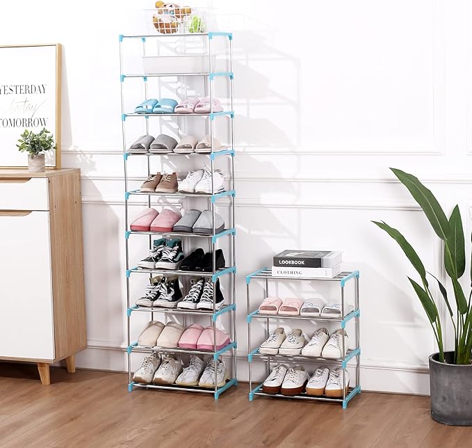 Jucaifu Stackable Small Shoe Rack, Entryway, Hallway and Closet Space Saving Storage and Organization (3-Tier, Blue)