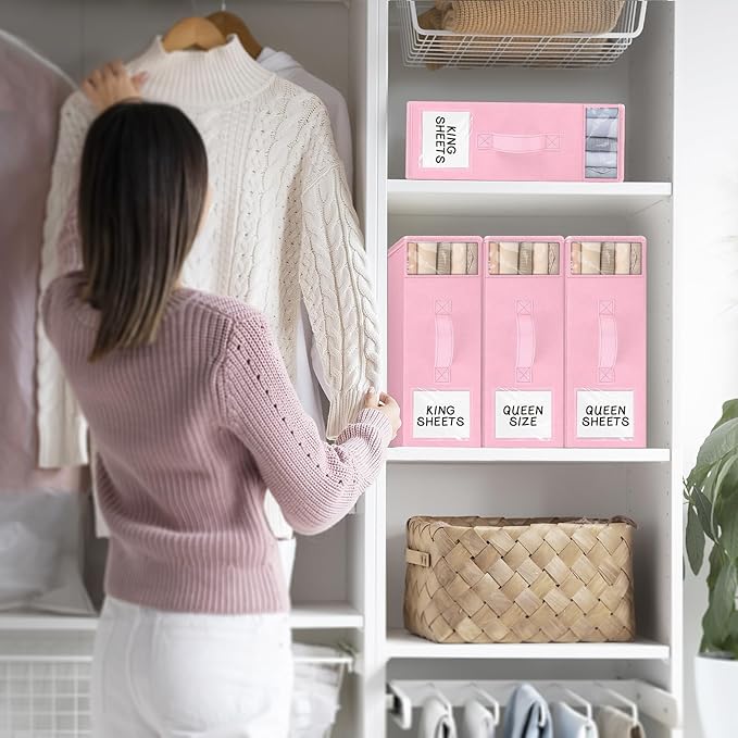 StorageTastic 4 Pack Bed Sheet Closet Organizers and Storage,Sturdy Foldable Storage Containers with Window and Label,Storage and Organization for Bedding Sheets,Duvet Covers,Blankets (Pink)