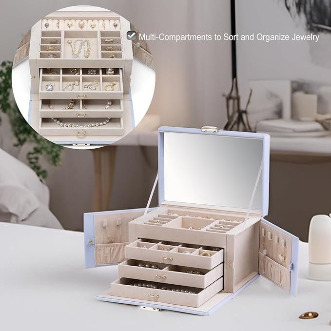 Vlando Lockable Jewelry Box Organizer with Key, 3-Tiered Storage Tray for Necklaces Earrings Rings Bracket Accessories Storage Display, Full HD-Mirror, Purple