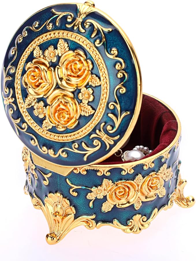 Hipiwe Antique Metal Jewelry Box Ring Earring Treasure Chest Case Small Trinket Box Round Jewelry Display Box Necklace Organizer Wedding Birthday Gift Home Decor, 3x3x2.4 inch