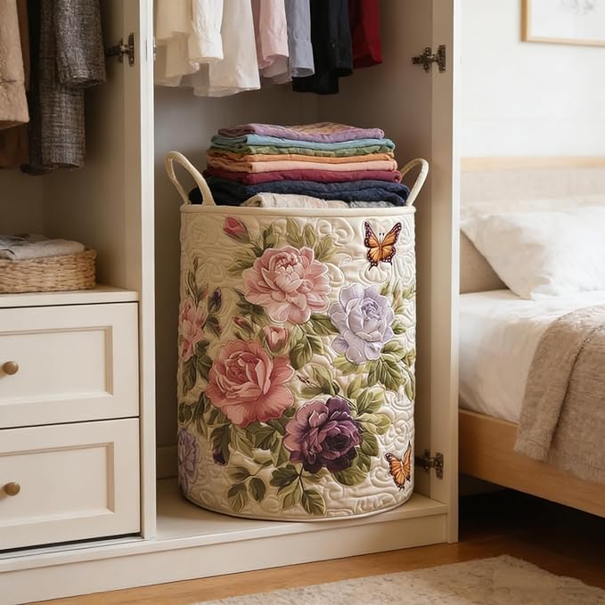 Quilted Laundry Basket with Handles, Boho Floral Fabric Storage Hamper, Large Soft Quilted Laundry Basket for Nursery, Bedroom, Laundry Room,Clothes & Toys (R, L)