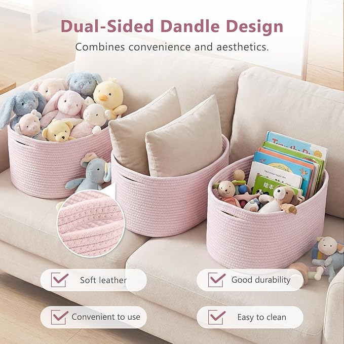 ECDYQXVU Cotton Rope Storage Basket, 15x10x9 Inches, Woven Basket for Shelves, Clothes, Towels, Books, and Laundry, Light Pink (2 Pack)
