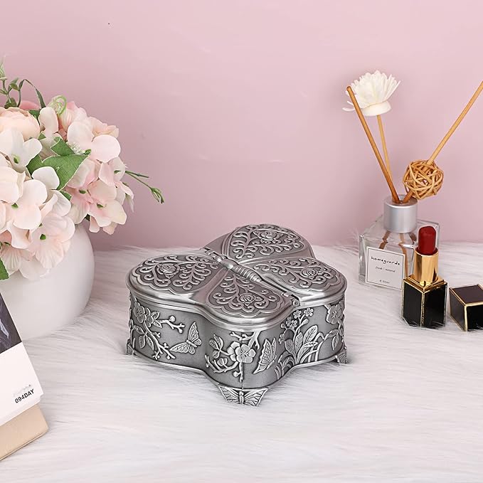 Hipiwe Antique Metal Jewelry Box Butterfly Shape Jewelry Organizer Vintage Trinket Storage Box Treasure Chest Ring Holder Earrings Necklace Storage Box Decorative Metal Box for Women, Large