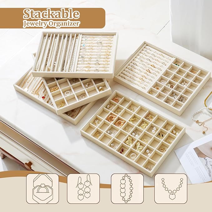 Large Velvet Jewelry Tray 2 Pack Stackable Jewelry Display Drawer Inserts Trays Organizer for Earring Bracelet Necklace Ring (Beige, 20 Hooks)