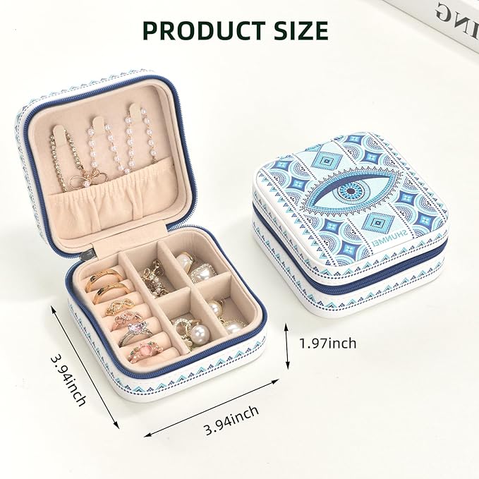 shunmei Mini Travel Jewelry Box,PU Leather Portable Jewelry Organizer Case,Art Accessories Storage Holder Boxes for Earring, Necklace, Rings, Bracelets (White Eyes)