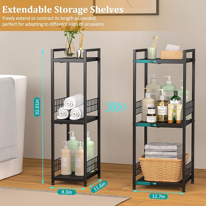DAOUTIME 3-Tier Metal Shelving Unit, Expandable, Free-Standing, Narrow, Open Floor Shelves, Ideal for Bathroom, Kitchen, Laundry, Storage, Organization