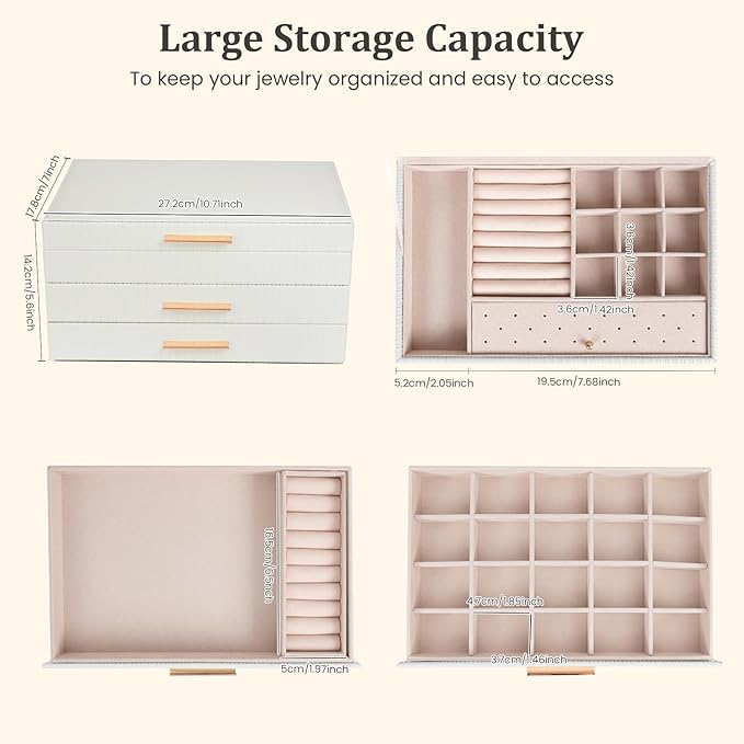 Dajasan Jewelry Box Organizer, 3-Tier Large Jewelry Storage Organizer with 2 Drawers, Space-Saving Jewelry Boxes for Women, PU Leather Surface with Texture, Gift Idea, Modern Style (White)