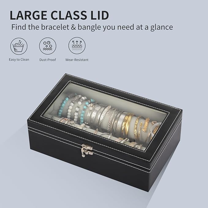 AUTOARK Bracelet & Watch Storage Box with Glass Lid & 2 Anti-Roll Rods,PU Leather Jewelry Case,Soft Lined Locking Organizer for Women,Gift for Dresser & Cabinet Display,Black,MKAW147