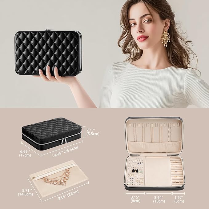 Lolalet Travel Jewelry Case for Women Girls, Travel Jewelry Organizer Box with Mirror & Clear Storage Bag, Small Portable Earring Necklace Bracelet Ring Case, Birthday Valentine Gifts -Large, Black