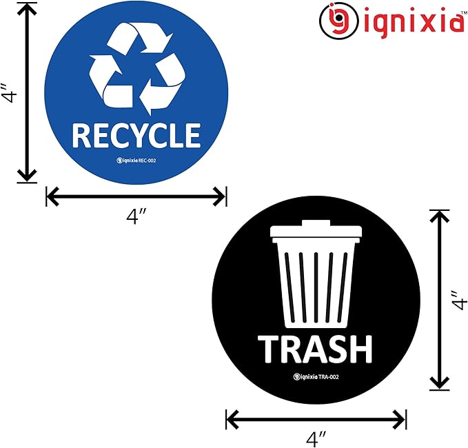 IGNIXIA Recycle & Trash Stickers Combo, Trash Bin Decals Recycle Sticker Trash Symbols Sticker 4 X 4 Inches PVC Vinyl Self Adhesive (Blue and Black)