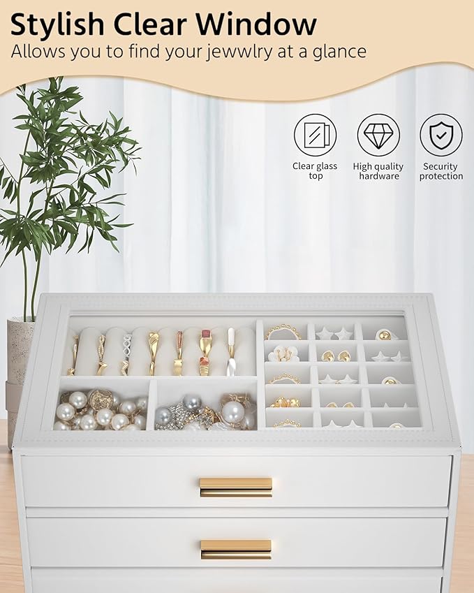 AKOZLIN Jewelry Box with Clear Lid Functional Leather Jewelry Storage Organizer Case 3 Drawers for Women Girls Necklace Ring Bracelet Earring